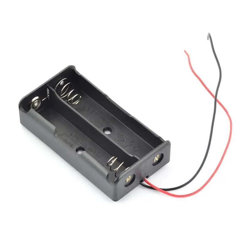 Batteriholder for to 18650-celler med røde og svarte ledninger