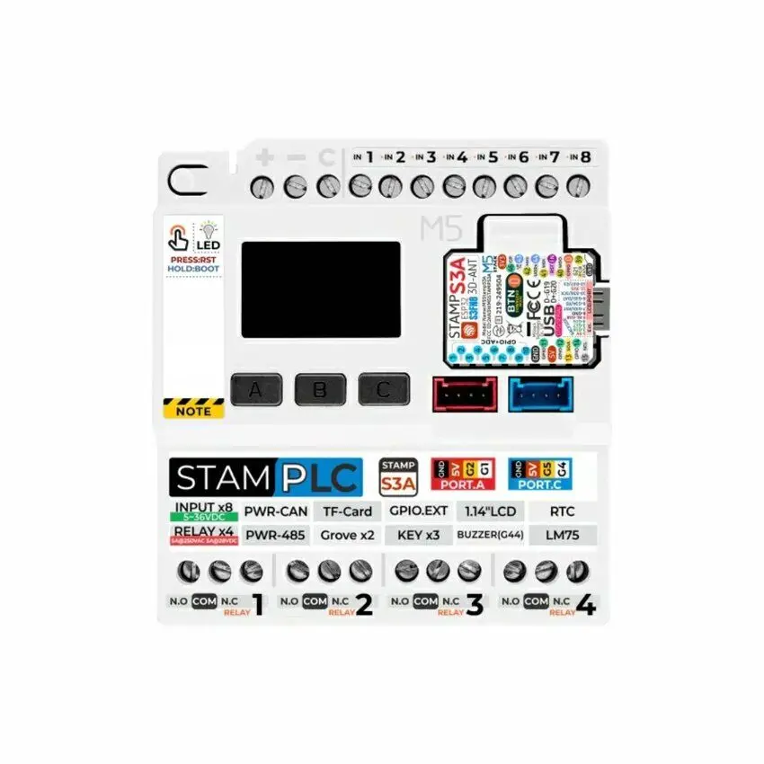 M5Stamp PLC IoT-kontroller med ESP32-S3, 8 innganger og 4 reléutganger – visning 1