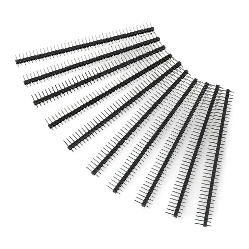 Svarte rette hannstiftlister med 2,54 mm deling, vist i flere lengder