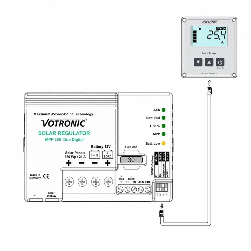 Laderegulatoren Votronic MPP165 kan kobles til og brukes sammen med Votronic LCD-Solar-Computer S.
