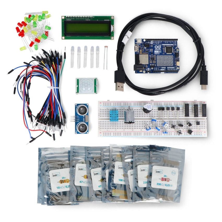 Arduino-startsett med kretskort, koblingsbrett, sensorer, ledninger og komponentposer