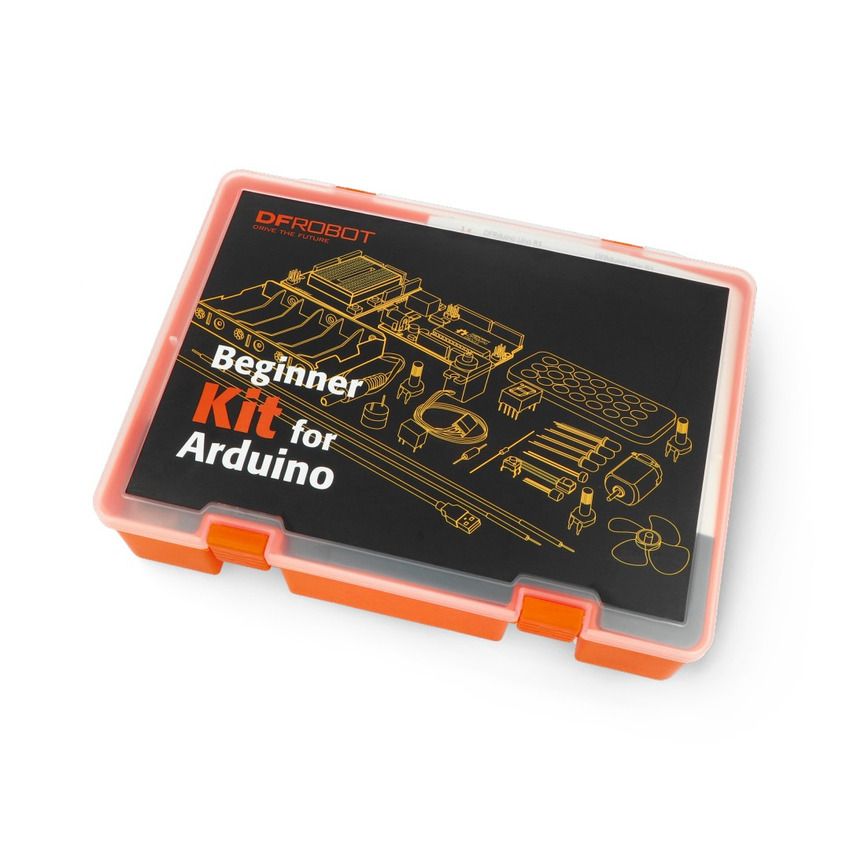 Arduino-startsett i oransje oppbevaringseske med illustrert lokk