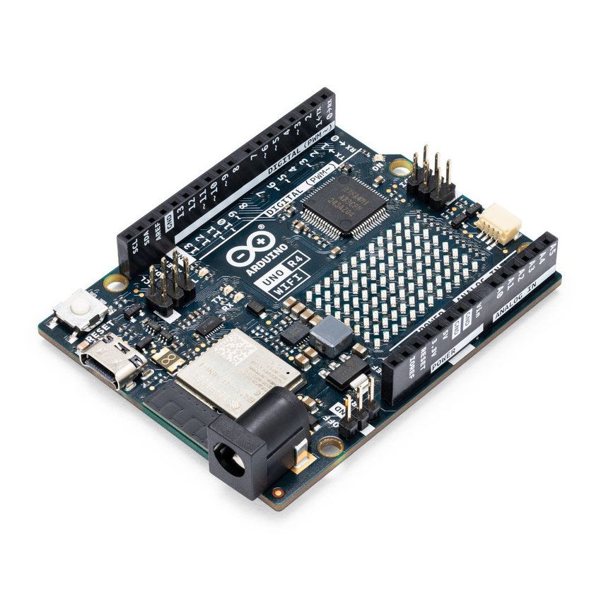 Arduino Uno R4 WiFi-utviklingskort med 12 x 8 LED-matrise i skrå vinkel