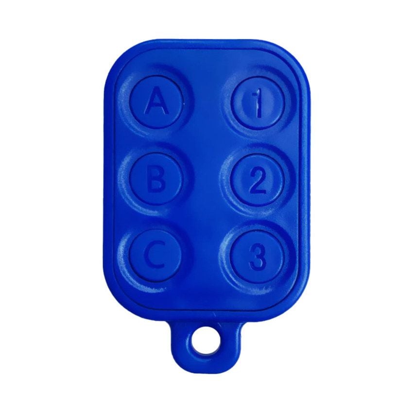 Blå programmerbar RFID-nøkkelbrikke med seks knapper merket A, B, C og 1, 2, 3
