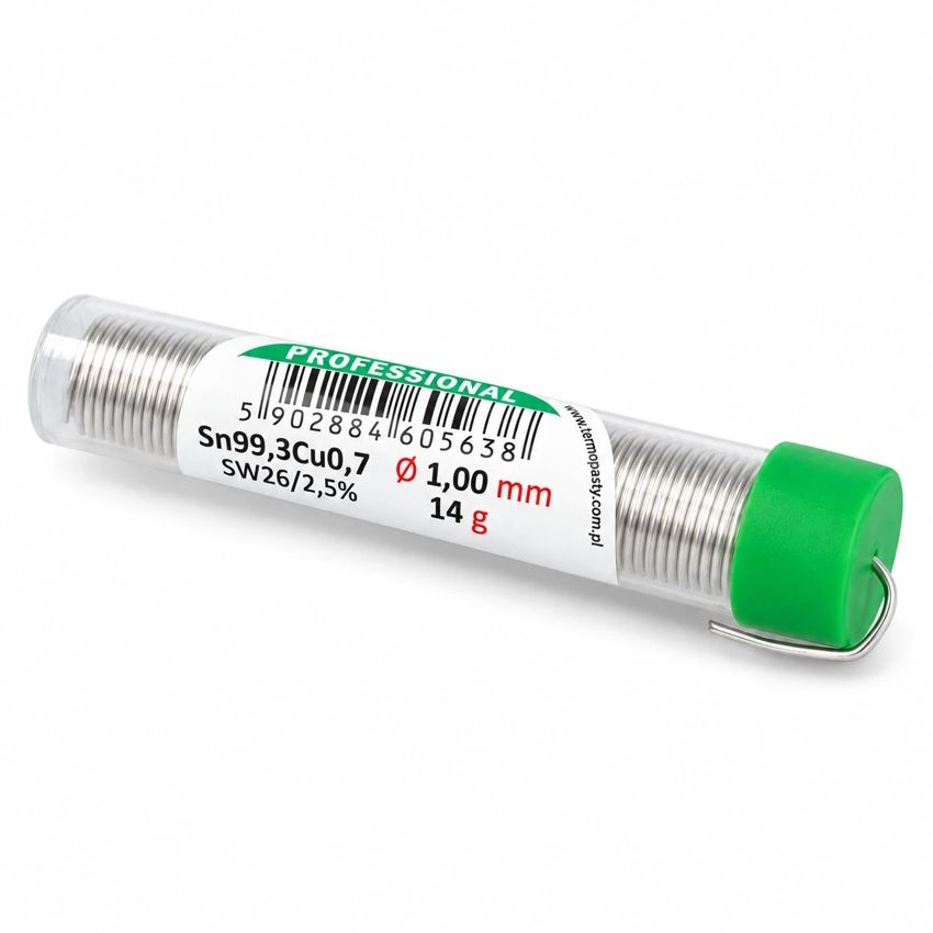 Liggende rør med blyfritt loddetinn Sn99,3Cu0,7, 1 mm og 14 g, med etiketten synlig