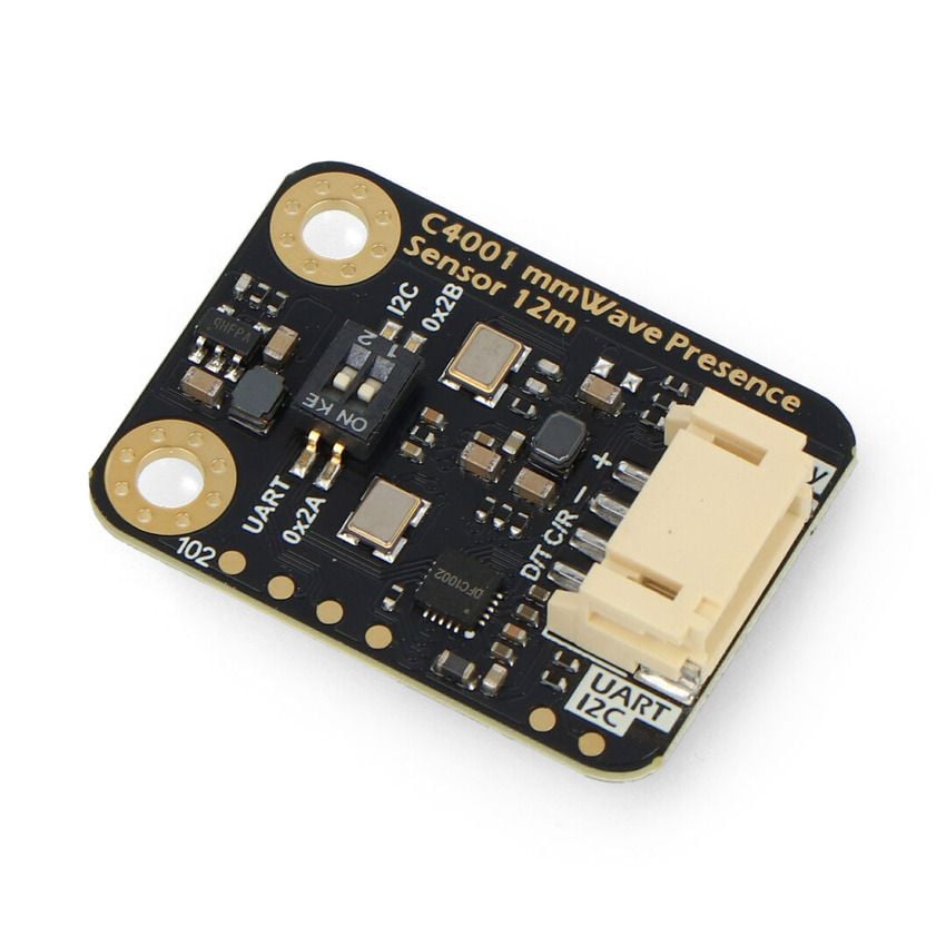 DFRobot C4001 mmWave-tilstedeværelsessensor med synlig UART- og I2C-kontakt