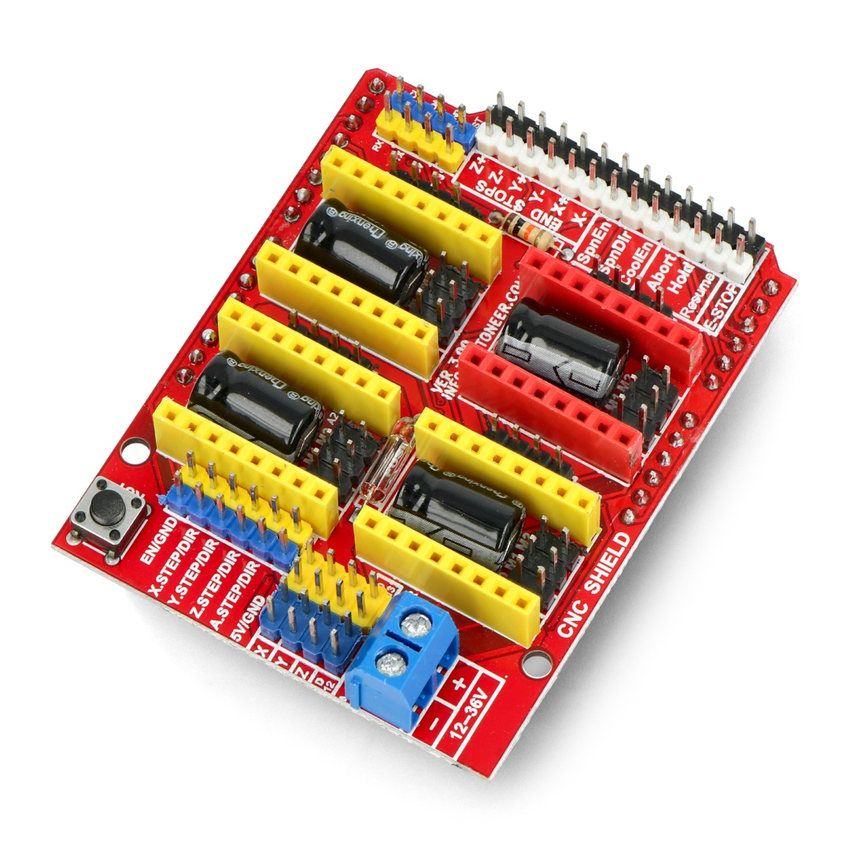 CNC-utvidelseskort til Arduino med fire StepStick-sokler, sett fra skrå vinkel