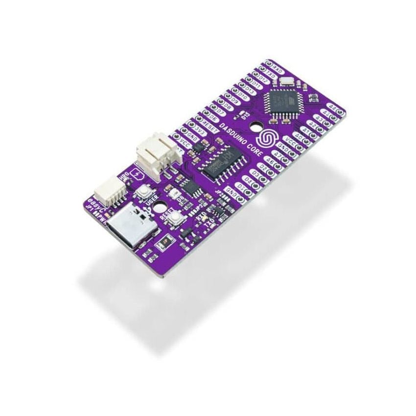 Dasduino CORE utviklingskort med USB-kontakt og usolerte pinnerekker