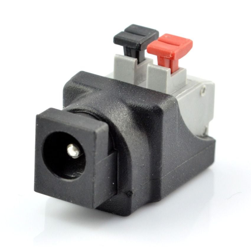 DC-hunnkontakt 5,5/2,1 mm med synlig kontaktåpning og røde og svarte trykknapper