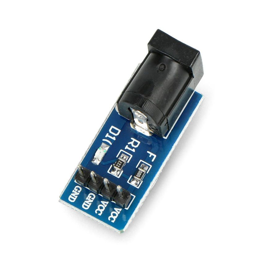 Modul med DC-kontakt 5,5 x 2,1 mm, LED og tilkoblingspinner sett ovenfra