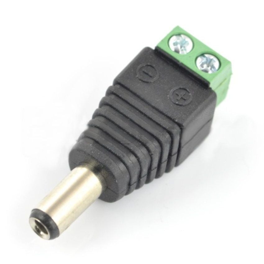 DC-plugg 5,5/2,1 mm med synlig skruterminal og polaritetsmerking