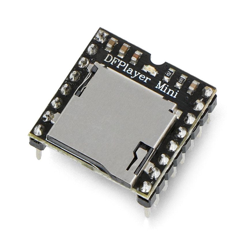 DFRobot DFPlayer Mini med synlig microSD-kortspor i skrå vinkel