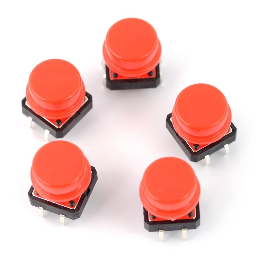 Fem røde tact-brytere med knapphetter og synlige tilkoblingsben