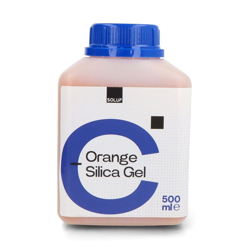 Flaske med oransje silikagelgranulat og fuktindikator, 500 ml