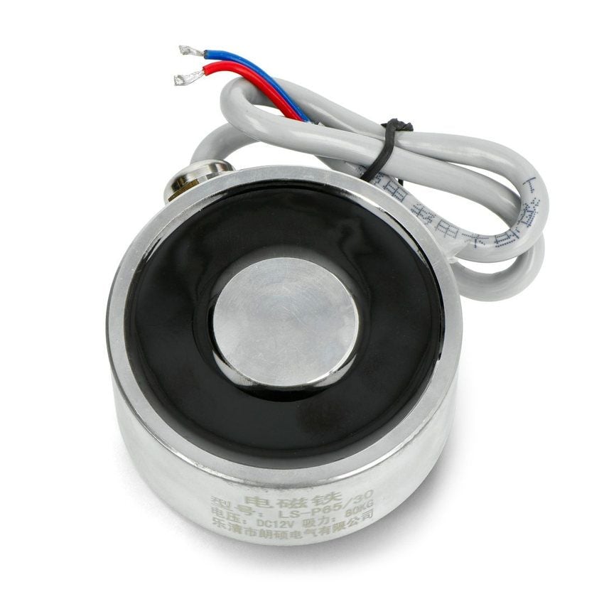 Holdeelektromagnet med synlig magnetflate, ledninger og teknisk merking