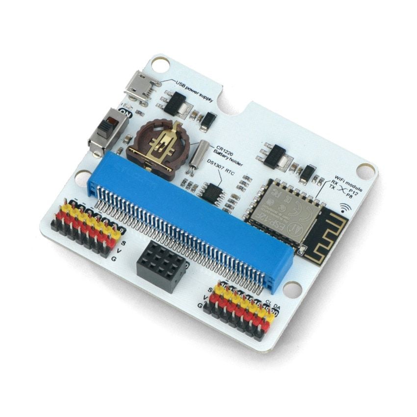 IoT-utvidelseskort for BBC micro:bit med WiFi, sett i vinkel med kontakter og batteriholder