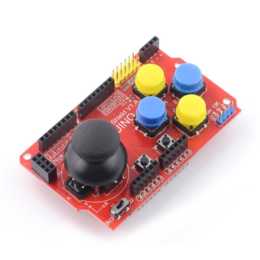 Joystick-shield for Arduino med to akser og fire fargede knapper, vist i skrå vinkel