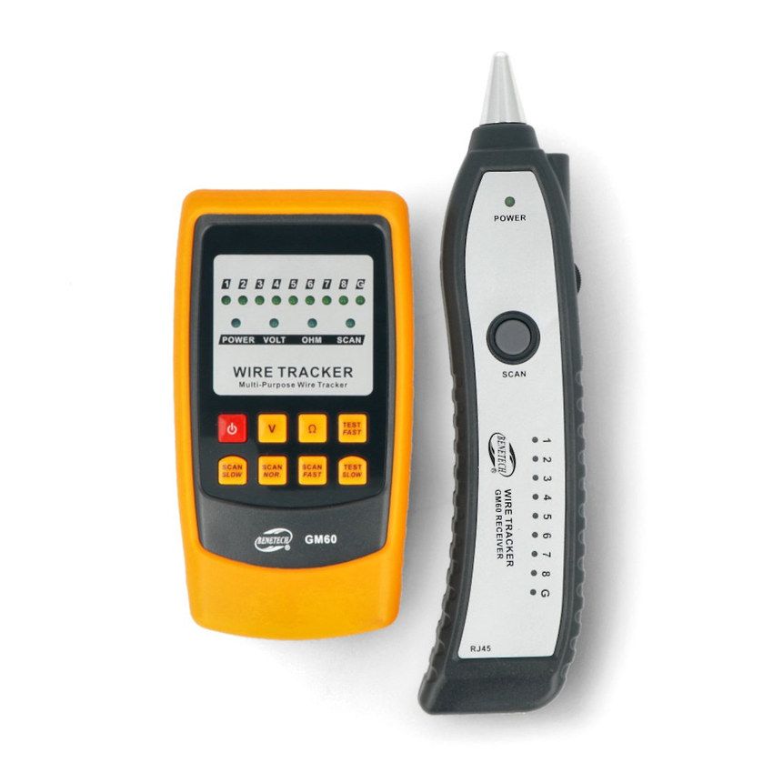 Kabeltester med parsøker for RJ11- og RJ45-kabler vist forfra