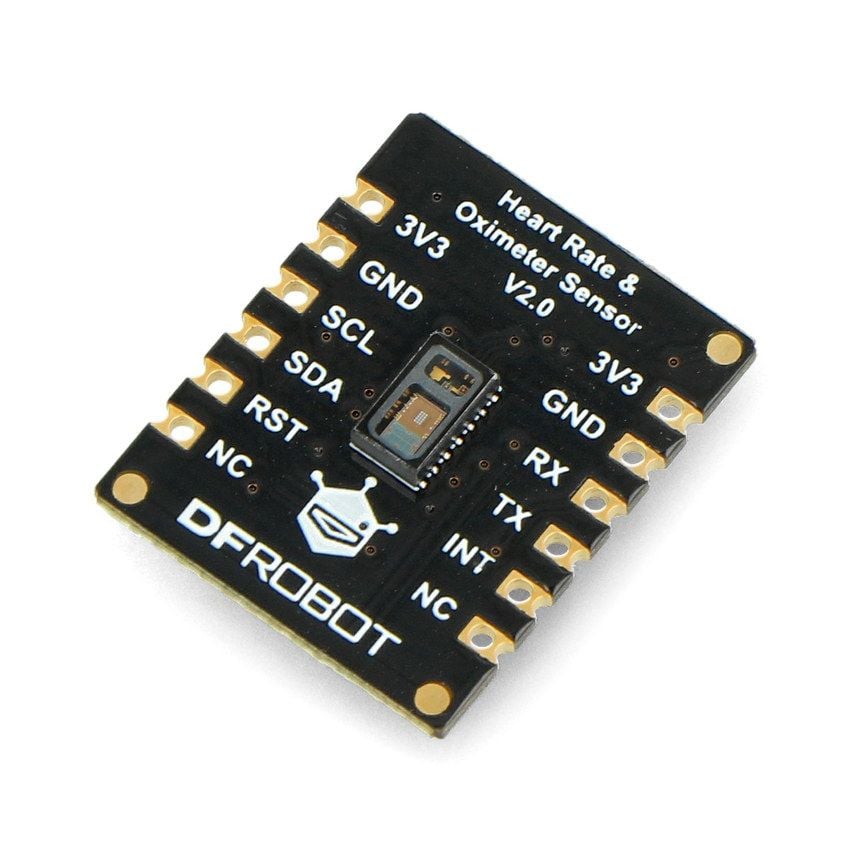 MAX30102 pulssensor- og pulsoksymetermodul sett fra siden med merkede tilkoblinger