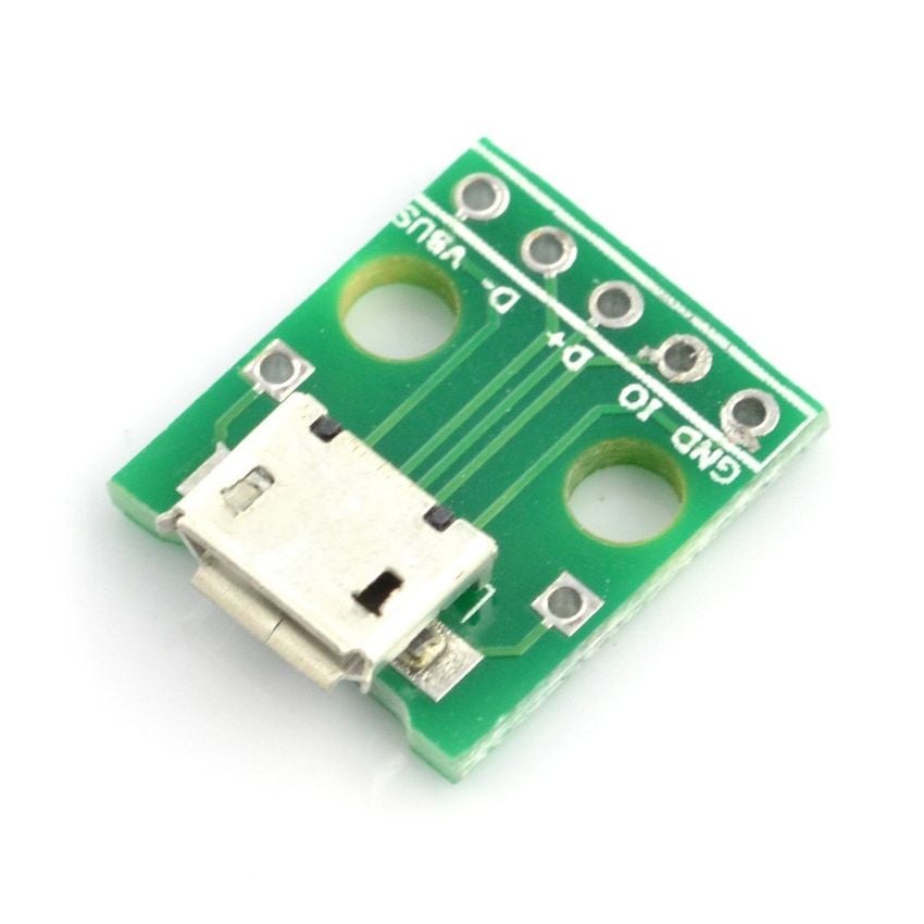 Micro-USB-modul med hunnkontakt og synlige tilkoblingspunkter på kretskortet
