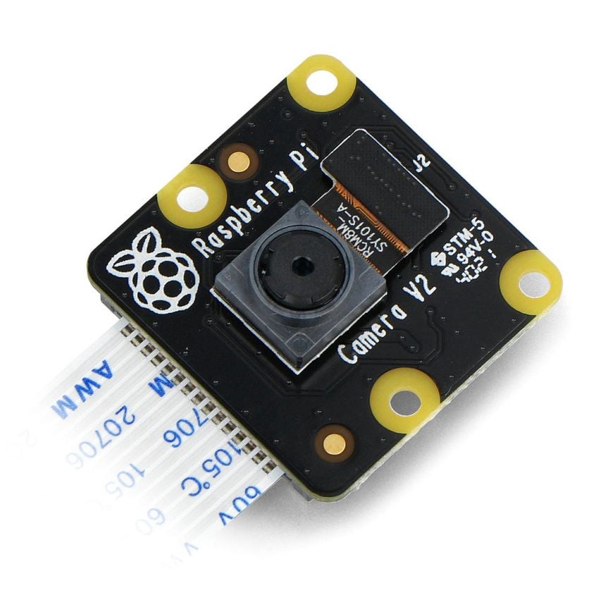 NoIR-kamera for Raspberry Pi med kameramodul og flatkabel, vist i skrå vinkel