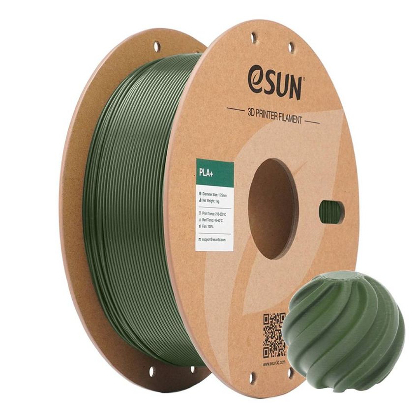 Olivengrønt eSUN PLA+-filament på spole med 3D-printet prøve