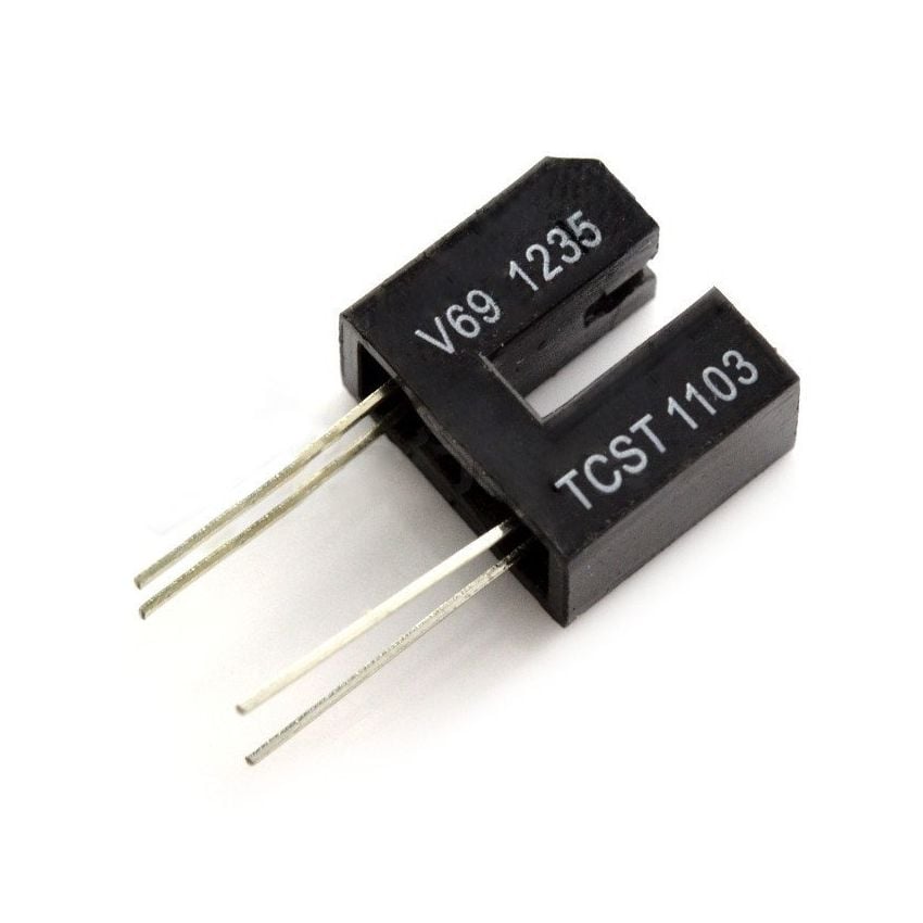 Optisk spaltesensor med IR-diode og fototransistor i svart hus med fire tilkoblingsbein
