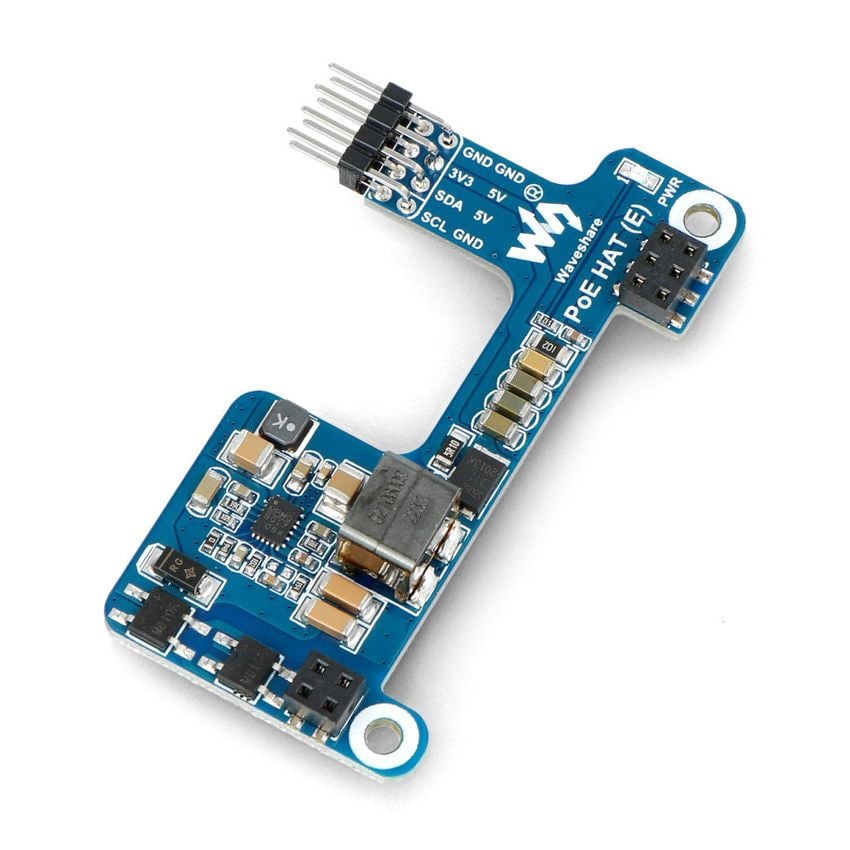 Waveshare PoE HAT for Raspberry Pi med synlige komponenter og GPIO-pinner