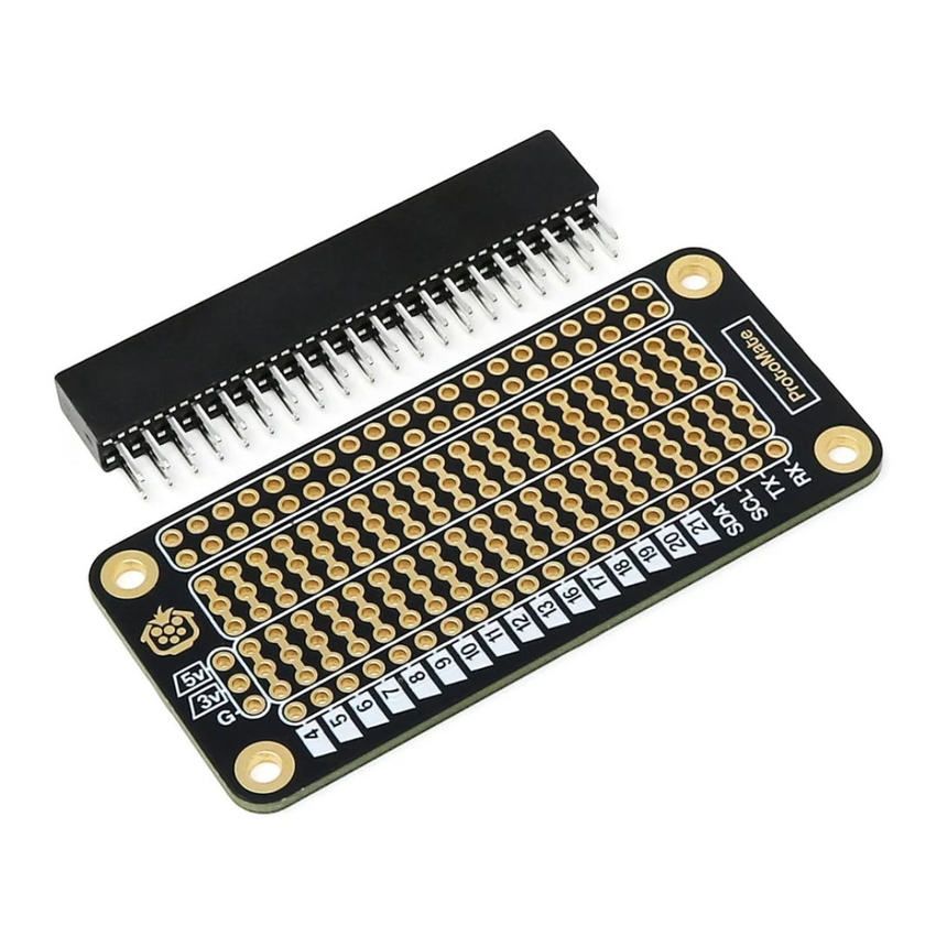 ProtoMate-prototypkort med GPIO-kontakt og gjennomgående loddepunkter for Raspberry Pi Zero