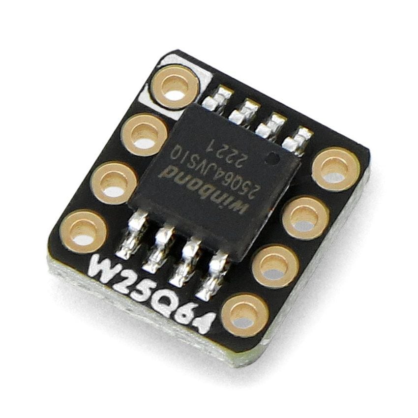 Adafruit QSPI-flashminnemodul med synlig W25Q64-brikke og åtte loddehull