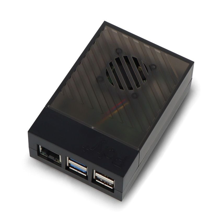 Raspberry Pi 5-kabinett i ABS med montert 30 mm-vifte og synlige USB-porter