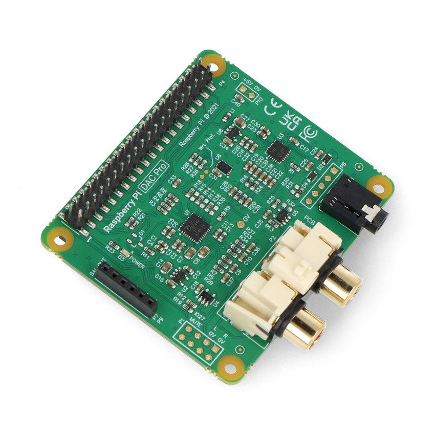 Raspberry Pi DAC-lydkort sett skrått ovenfra med RCA- og jacktilkoblinger