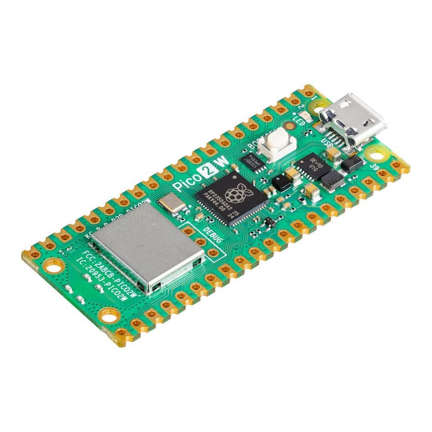 Raspberry Pi Pico 2 W-mikrokontrollerkort med RP2350, WiFi og USB-C-kontakt i skrå vinkel