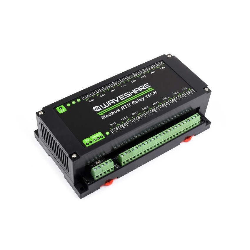 16-kanals relémodul med Modbus RTU og RS485, vist i skrå vinkel med tilkoblingsklemmer