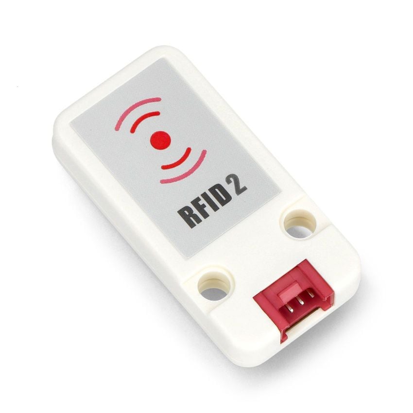 RFID-modul med synlig RFID2-front, monteringshull og rød kontakt