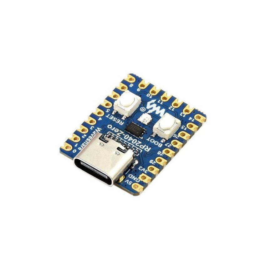 Waveshare RP2040-Zero-mikrokontrollerkort med USB-C-kontakt og to hvite trykknapper