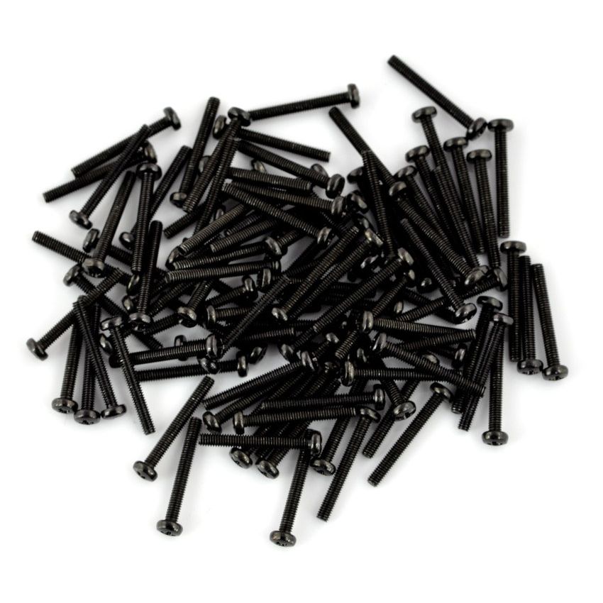 Svarte M2,5 x 20 mm skruer med PH1-krysspor, vist som en mengde på 100 stk.