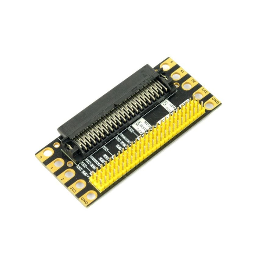 Tilkoblingskort for BBC micro:bit med svart kortkontakt og gule 2,54 mm-pinner
