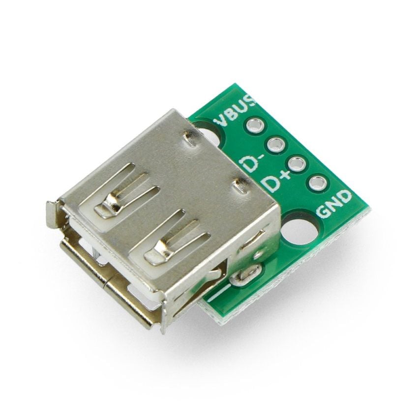 USB-A-kontaktmodul med synlig USB-kontakt og merking for VBUS, D-, D+ og GND