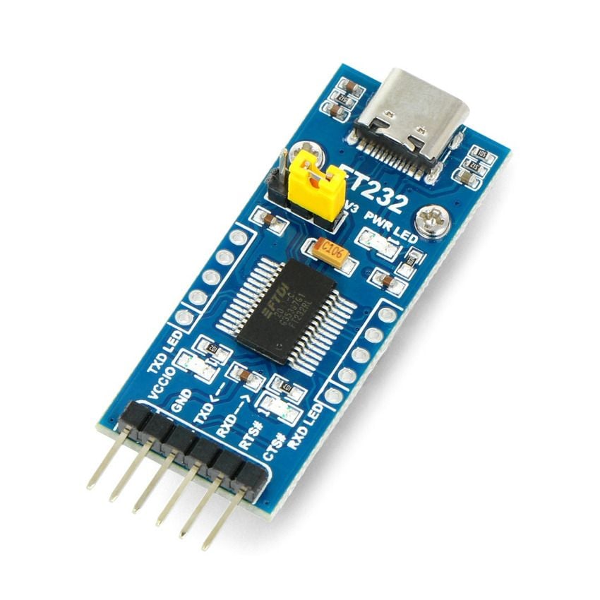USB-C til UART TTL-konverter med FT232RL, vist skrått med USB-C-kontakt og pinnerekke