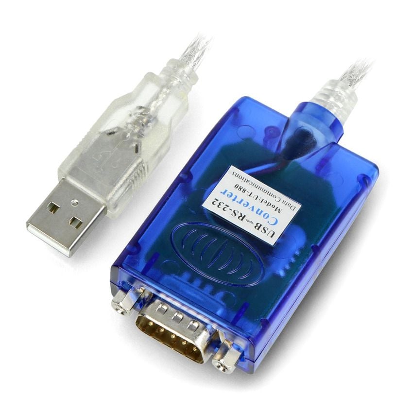 USB til RS232-konverter med blå kapsling, USB-A-plugg og DB9-kontakt