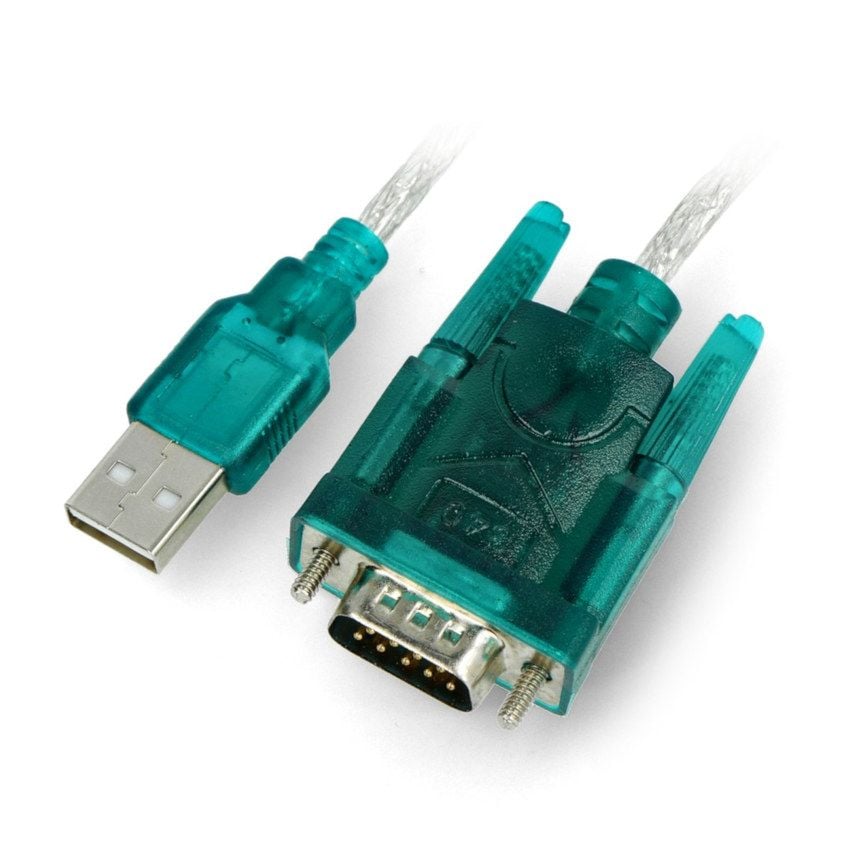 USB-A til RS-232-konverter med synlig USB-A-plugg og 9-pinners seriell kontakt