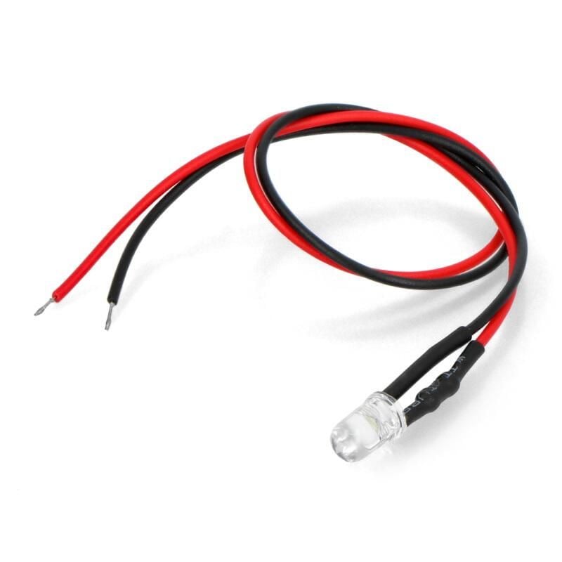 5 mm 12V LED med motstand og ledning, hvit, 5 stk.
