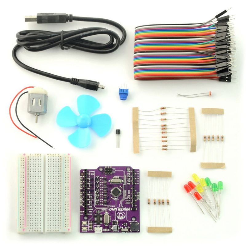 Arduino-kompatibelt startsett med Maker UNO-kort, koblingsbrett, USB-kabel, ledninger, motstander, lysdioder, motor og vifte