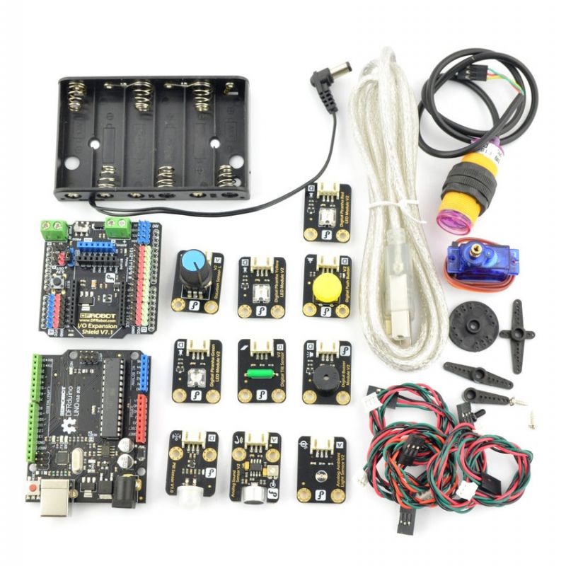 Arduino-startsett med Uno-kompatibelt kort, sensor&shy;moduler, servomotor, ledninger og batteriholder