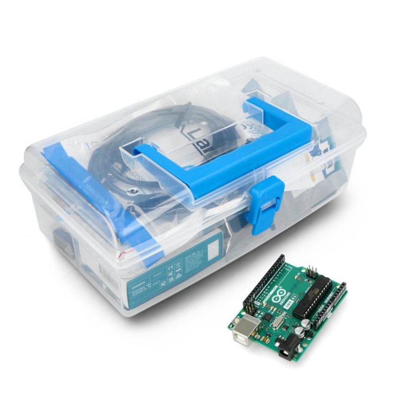 Arduino-startsett med Uno-kort, koblingsbrett, LCD-display, kabler og elektroniske komponenter