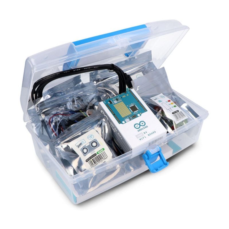 Arduino-startsett med kretskort, koblingsbrett, sensorer, ledninger og komponentposer