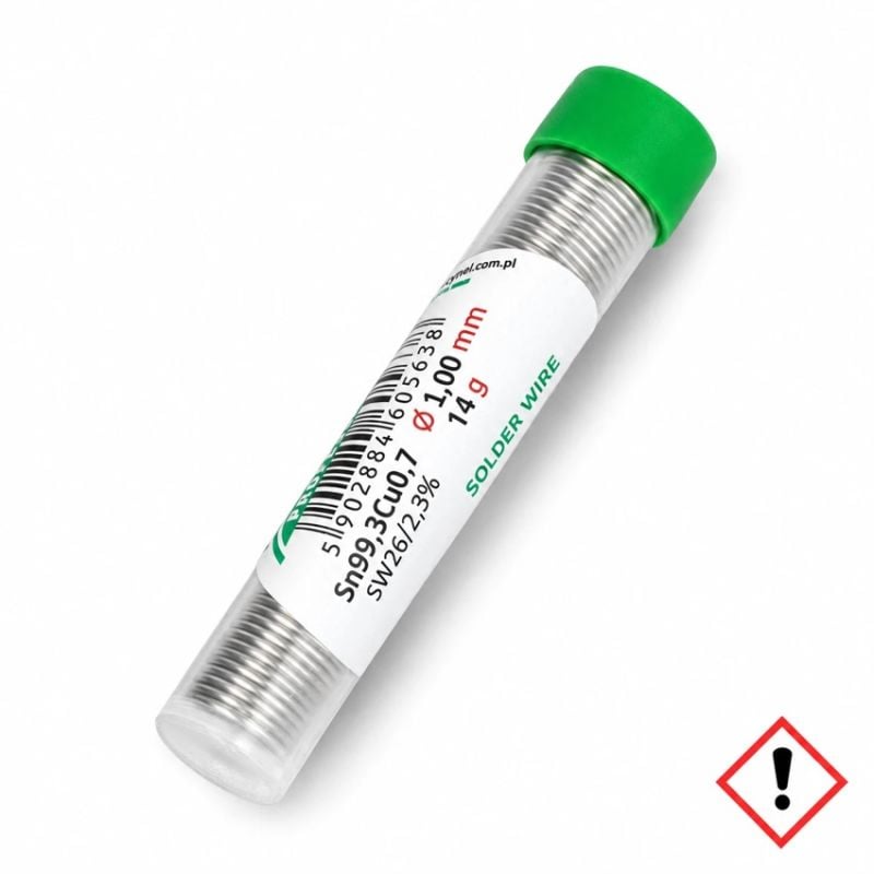 Liggende rør med blyfritt loddetinn Sn99,3Cu0,7, 1 mm og 14 g, med etiketten synlig