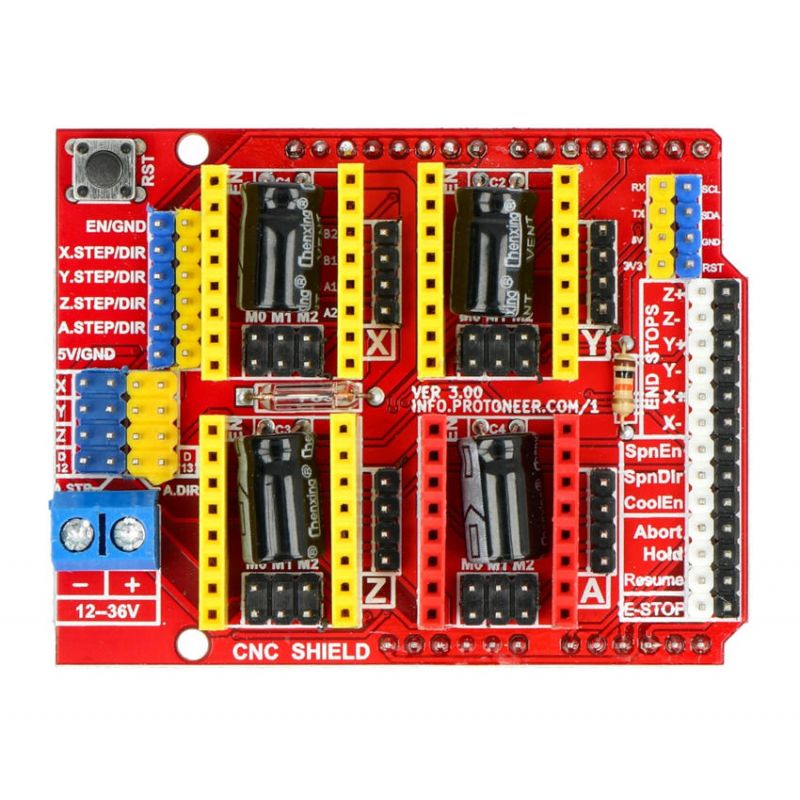 CNC-utvidelseskort til Arduino med fire StepStick-sokler, sett fra skrå vinkel