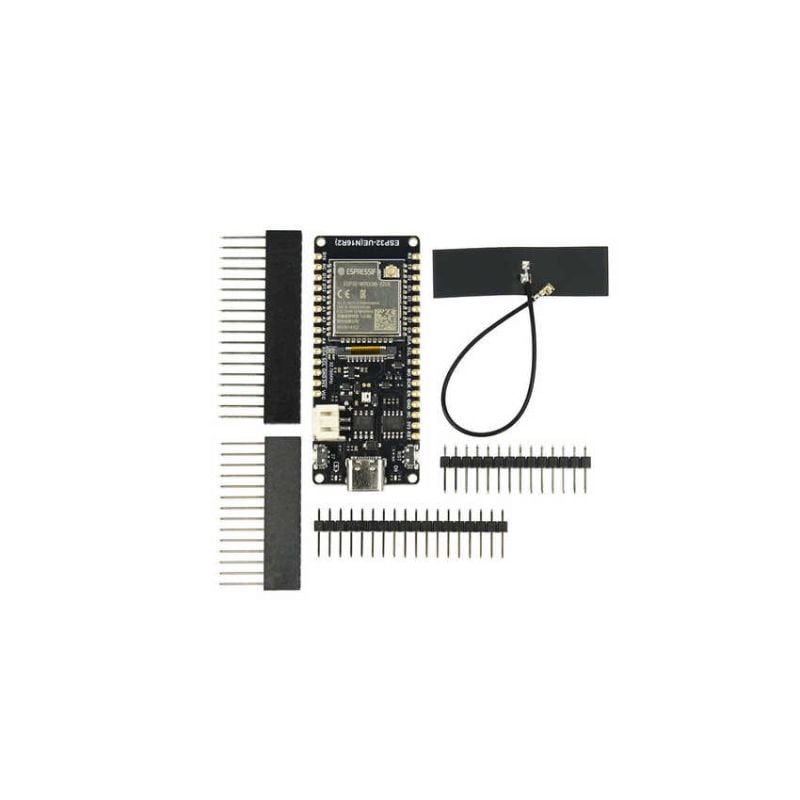 FireBeetle 2 ESP32-kort vist fra oversiden med tilkoblingspinner og batterikontakt